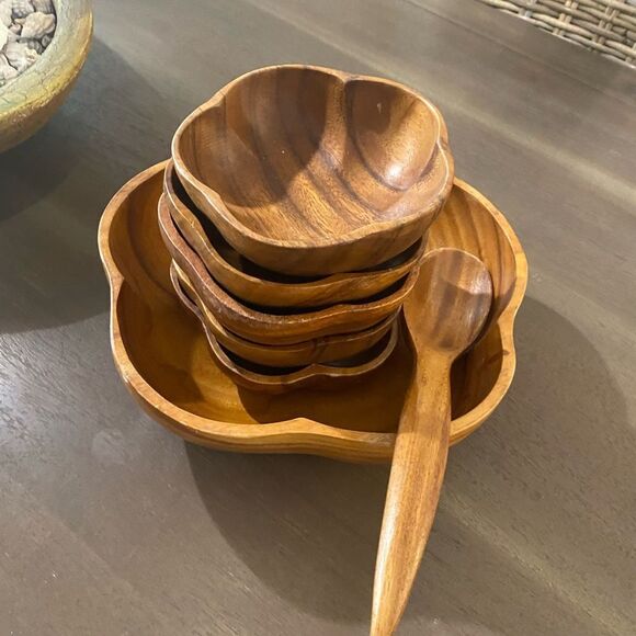 Vintage Monkey Pod Wood Salad Bowl Set Retro Mid century Modern - Picture 7 of 7